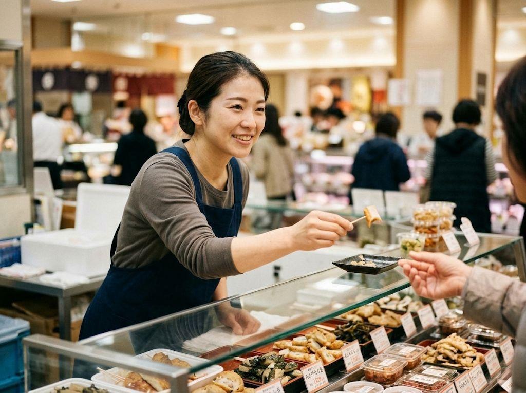 百貨店の催事で、笑顔で試食をすすめる販売スタッフ
