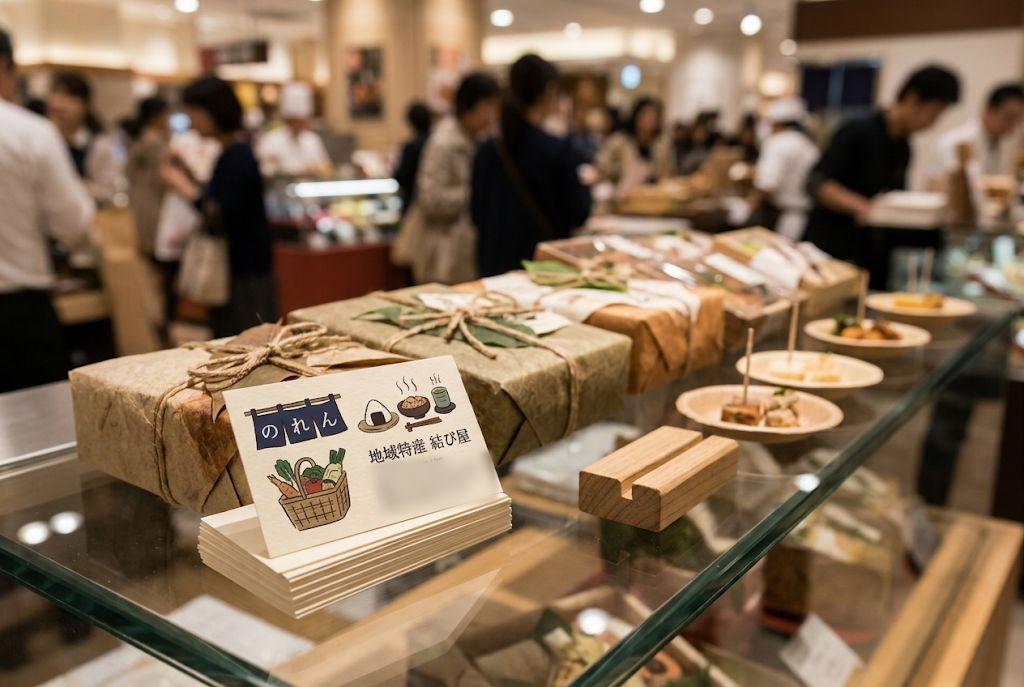 催事の売り場のショーケースに、商品と並べて山積みにしたショップカード